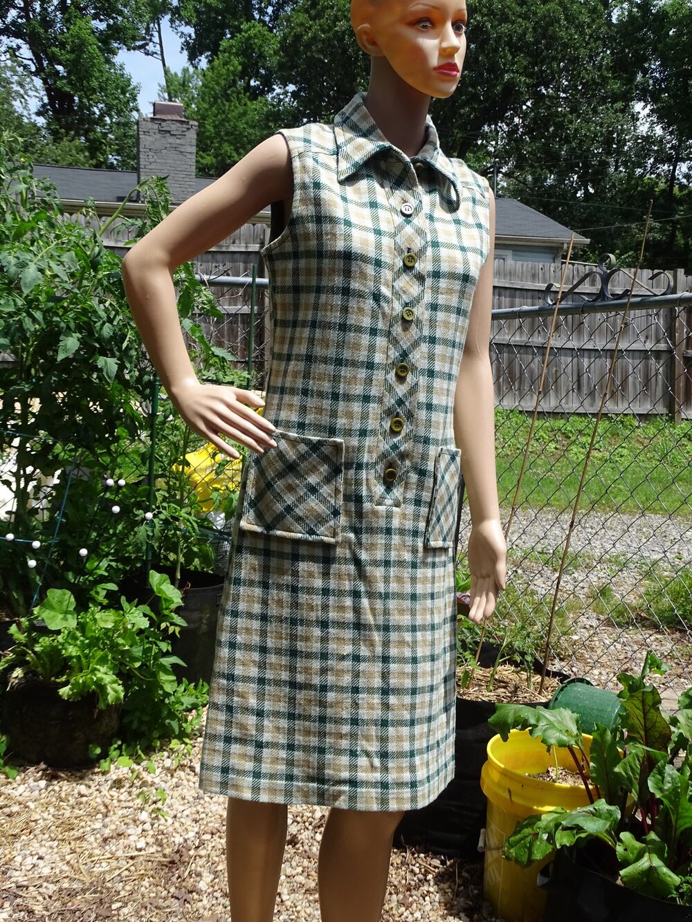Vintage 70s Butte Knit Dress Shift Midi Plaid Pattern Polyester Wool Blend